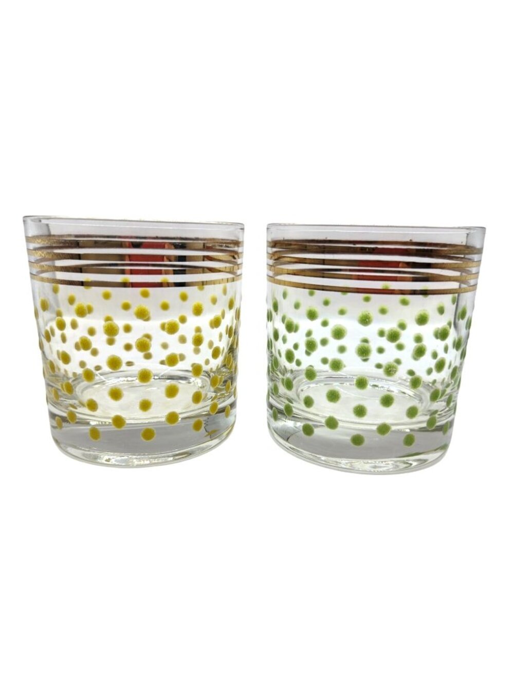 Vtg Federal Glass Polka Dot Low ball Glasses Gold trim MCM Set of 2